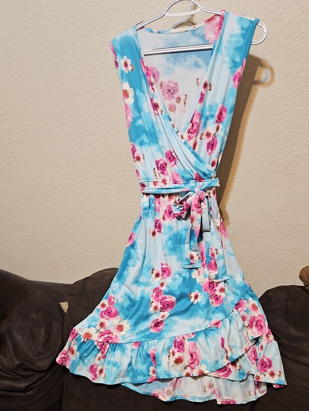 Reborn Aqua Floral Wrap Midi Dress with Pink Roses